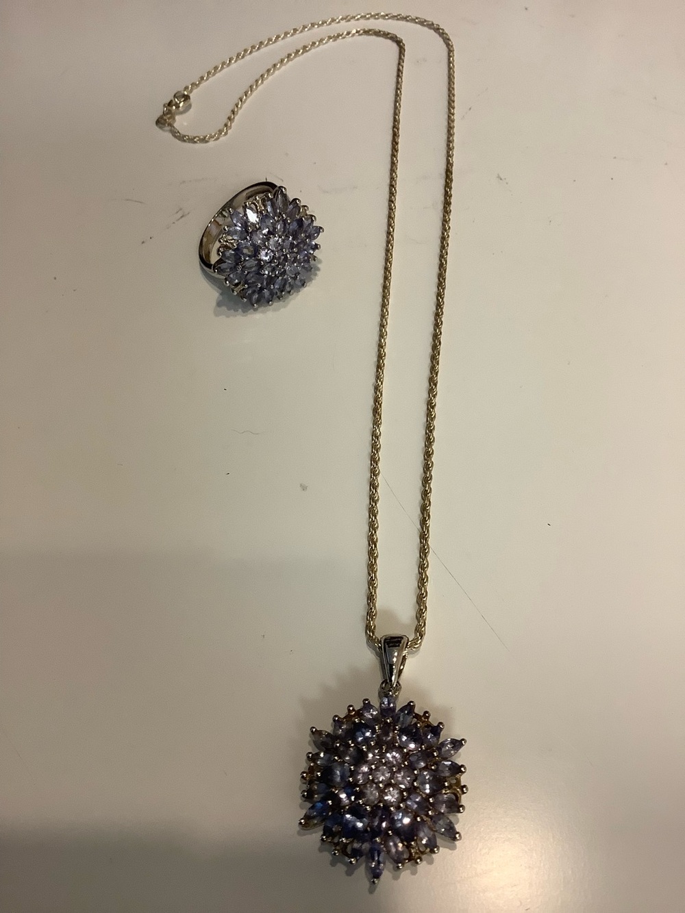 Matching Silver Chain and Ring With Amethyst Stones
